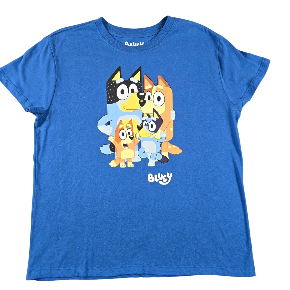 Bluey Graphic T-Shirt Kids Size Large Blue Cotton Heeler Family Short Sleeve Tee